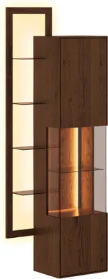 Productafbeelding van Hangkast Collodi, glazen vitrine, 73x37x175 cm, met 2 deuren, massief hout, geolied, kleur naar keuze, met verlichting. Eikenhout, tabakskleur