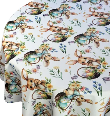 Produktbild von Tischdecke Fleckenabweisende Ostern Druck Runde Hase Rabbit Fun Bunte Ostereier Blumen Durchmesser: Ø 130 cm