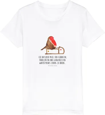 Produktbild von Mr. & Mrs. Panda Kleinkinder T-Shirt Rotkehlchen Schlitten 7-8 Jahre (122/128) - Weiß - Geschenk, Weihnachten, Kinder, Vogel, Kindershirt, Teenager, für, Bio