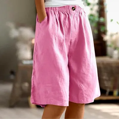 Produktbild von Damen Sommer Shorts aus Baumwolle und Leinen, Baggy Sporthose, Freizeit Shorts, Leichte Elastische Outdoorhose, Knielange Wandershorts mit Taschen, Laufhose für Fitness