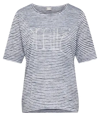 Produktbild von Dunkelblaues T-Shirt Größe 42 mit Rundhalsausschnitt, Halbarm, Streifenmuster und Strass-Schriftzug