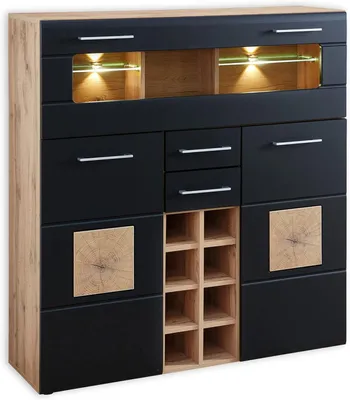 Image de Barkast – 120 cm. Meuble bar avec éclairage LED et porte-bouteilles, imitation bois chêne vieilli