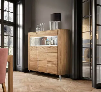 Produktbild von Highboard Vitrinenschrank Latina 126x42x134cm Honig Eiche teilmassiv 4-türig