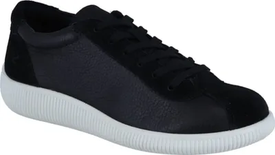 A black leather and suede sneaker with a white sole.