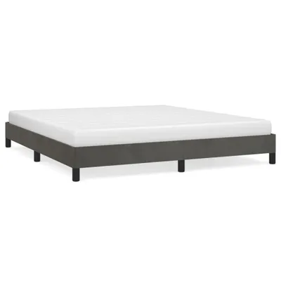A dark gray bed frame with a white mattress on a white background.