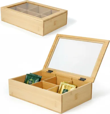 Produktbild von Holz Aufbewahrungsbox Teebox 6 Fächer mit Deckel Schmuckkiste Teekiste Teekasten