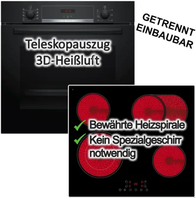 Produktbild von Herdset BOSCH Backofen 71 Liter Schwarz Hydrolyse Pizzafunktion + Glaskeramik Kochfeld PKM autark rahmenlos
