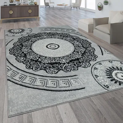 Produktbild von Teppich Wohnzimmer Kurzflor Orient Design Vintage Mandala Muster Grau Weiß Grösse 120x170 cm
