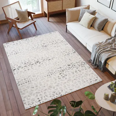 Produktbild von Teppich Kurzflor Modern Design Schlafzimmer Wohnzimmer Vintage Meliert Grau Creme 120 x 170 cm