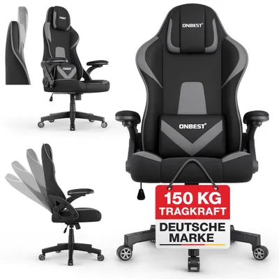 Produktbild von ONBEST Gaming Stuhl | Ergonomisch | mit Lordosenkissen | 150 kg | 360° | verstellbare Armlehnen Kopfstütze Rückenlehne