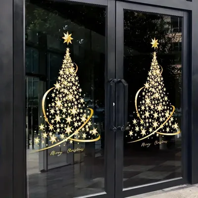 Produktbild von Fensteraufkleber Weihnachten Goldener Weihnachtsbaum 2 Stück Wiederverwendbar