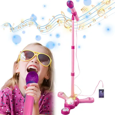 Produktbild von Juksun Kinder Mikrofon 40-90cm mit Ständer und LED rosa höhenverstellbar für Karaoke ab 3 Jahren Set Musik Set