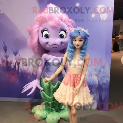 Produktbild von Lavendel REDBROKOLY Meerjungfrau Maskottchen Kostüm Charakter bekleidet mit einem Tank Top und Haarnadeln