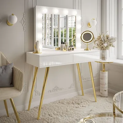 Produktbild von Schminktisch SIENNA GOLD mit Schubladen auf goldenen Beinen Gold Chrom / Weiß Hochglanz Push-to-open