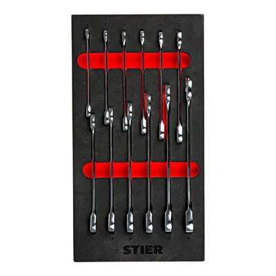 Produktbild von STIER Maul-Ringratschenschlüssel-Satz, SW 8 - 19 mm, aus Chrom-Vanadium-Stahl, 12-teilig, in Weichschaumeinlage (EVA), lange Standzeit und Lebensdauer, mit Schnellfinder-Labels