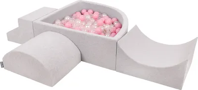 Produktbild von KiddyMoon spielplatz aus schaumstoff mit viertel eckig bällebad (300 bälle) hindernisläufe, hellgrau:puderrosa/perle/transparent