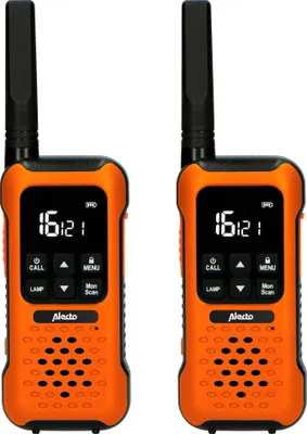 Two orange and black walkie-talkies are shown side-by-side against a white background.