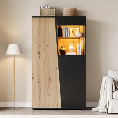 Productafbeelding van Vitrinekast met verlichting, 80x35x139,5 cm, met 2 draaideuren, zwart en houtkleur, gemaakt van MDF en spaanplaat, met soft-close sluiting, ideaal voor de woonkamer
