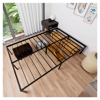 Produktbild von Moderner Bettrahmen aus Metall 140x200 cm Plattformbett mit robusten Stahllatten in Schwarz, Höhe 41,5 cm, Stauraum unter dem Bett für Schlafzimmer und Gästezimmer