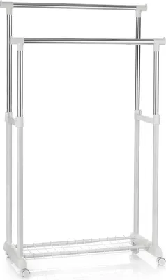 Produktbild von Garderobenwagen GROSSO Kleiderständer Rollgarderobe Garderobenständer , mit Schuhablage, 2 Kleiderstangen, höhenverstellbar, Metallrohr verchromt, in weiß