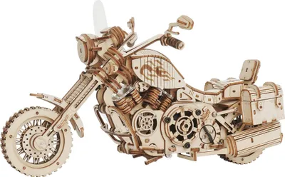 A 3D wooden model of a cruiser motorcycle.
