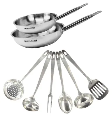 Obrázok produktu pre Sada 2 panvíc s priemerom 24 a 28 cm z nehrdzavejúcej ocele a 6 kuchynských pomôcok z nehrdzavejúcej ocele Fackelmann Eterna