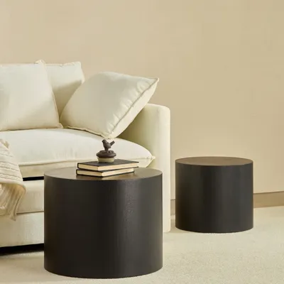 Produktbild von MODFU 2er Set Couchtische Rund,Wohnzimmertisch set mit Nesting-Design,Ø48x38 + Ø38x32 cm,Beistelltisch aus Massivholz,Schwarz