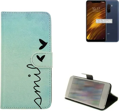 Produktbild von K-S-Trade Schutz-Hülle Handy-Hülle kompatibel mit Xiaomi Pocophone F1 Hülle Wallet Case  Flip cover bookstyle Etui Handyhülle ''smile'' türkis