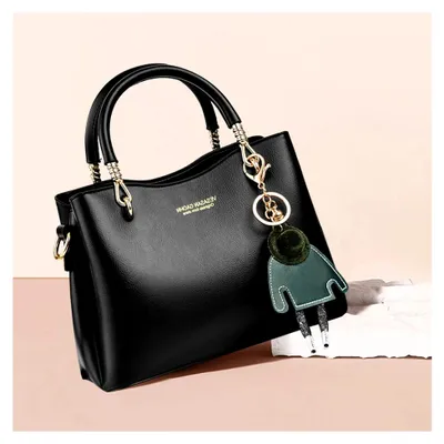 Produktbild von Damen Handtasche mit großer Kapazität Kunstleder Schultertasche Shopper Casual Umhängetasche Designer Tasche mit Anhänger Schwarz