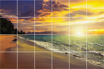 Produktbild von Fliesenaufkleber 15x15 cm – 24 Stück – Selbstklebend – Wasserfest – Pflegeleicht – Hitzebeständig – Für Küche & Bad – Ein malerischer Sonnenuntergang über dem Meer