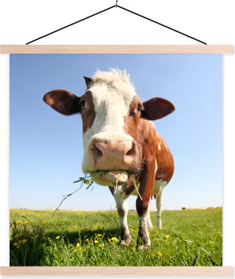 Produktbild von MuchoWow® Textilposter Kuh - Tiere - Blumen - Gras 120x120 cm mit holzfarbenen Rahmen - Textil-Poster