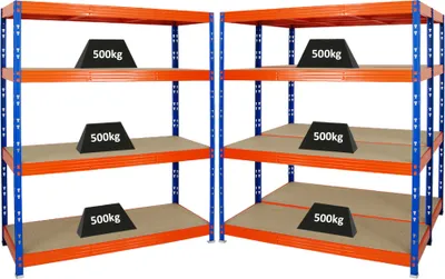 Immagine prodotto di Mega Deal | 3x scaffalature professionali per carichi pesanti Rhino | HxLxP 180x160x60cm | 4 livelli in truciolato 8mm | carico scaffale 500kg | blu-arancio