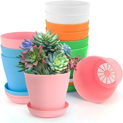 Imagen del producto de Macetas pequeñas, juego de 10 unidades, con platillos y sistema de riego, para plantas de interior