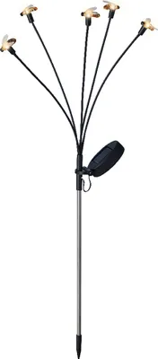 A solar-powered garden light with five bee-shaped LED lights on flexible stems, attached to a metal stake with a solar panel.