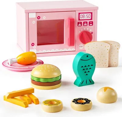 Produktbild von Magnetischer Mikrowellenofen für Kinder: Kreatives Lernspielzeug aus hochwertigem Holz, Rollenspiel Koch Spielset mit Teller, Lebensmittel, sicheres Kinderspielzeug ohne Strom ab 3