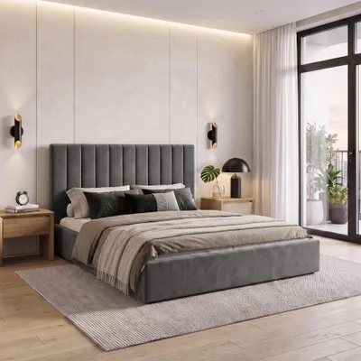 Produktbild von BEAUTYSOFA | Polsterbett MELVIO 160 × 200 cm Velvet Grau, Doppelbett mit Matratze H2 MEDIRO ERGO+ Bett mit Kopfteil, Bettkasten und Gasdruckfedern, KI-generiertes Bild