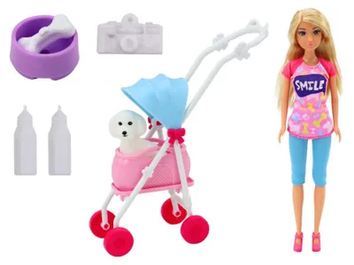 Produktbild von LEAN Toys 14802 Anlily-Puppe mit Hund im Kinderwagen und Zubehör