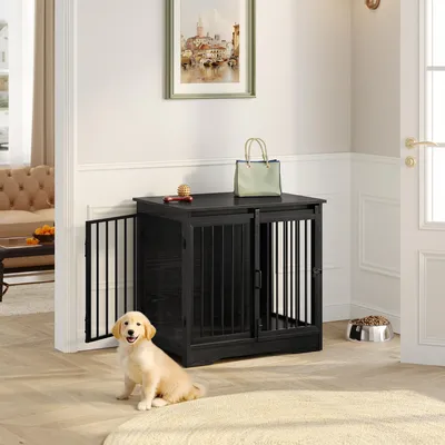 Imagen del producto de Jaula para perros de madera, color , 69 cm de altura, con 2 puertas, fabricada en aglomerado y metal, Imagen generada por IA