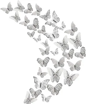 Zdjęcie produktu dla Naklejki na ścianę "Motyl" - 36 sztuk - Metaliczne, trójwymiarowe motyle - Samoprzylepne naklejki - Srebrne