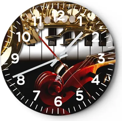 Produktbild von Wanduhr - Rund - Glasuhr - Klaviertasten Musik Instrumente - 40x40cm - Schleichendes Uhrwerk - Lautlos - zum Aufhängen bereit - Dekoration Modern - Wanddekoration aus Glas - C4AR40x40-2679