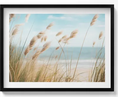Produktbild von Landschaft mit Strandgräsern und Meer im Boho-Stil– Wandbild mit Rahmen – Gerahmtes Bild  – Wanddekoration – 80x60 cm –  Schwarz Rahmen