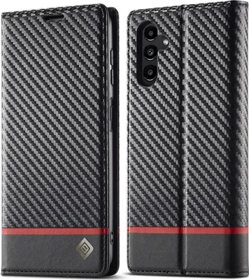 Immagine prodotto di Custodia per Samsung Galaxy A54 5G in pelle di carbonio con portacarte, magnete e supporto nero orizzontale rosso