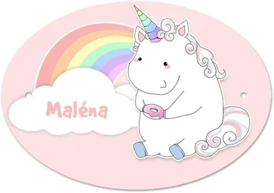 Produktbild von Türschild mit dem Namen Maléna und einem pastellfarbenen Einhorn-Motiv für Mädchen im Kinderzimmer