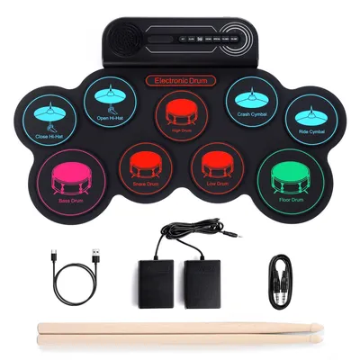 Produktbild von Schlagzeug Tragbares Elektronisches Schlagzeug 9 Drum Pads mit Metronom & Pedalsteuerung, 8 Demo-Stücke, Wiederaufladbarer Akku für Anfänger & Profis