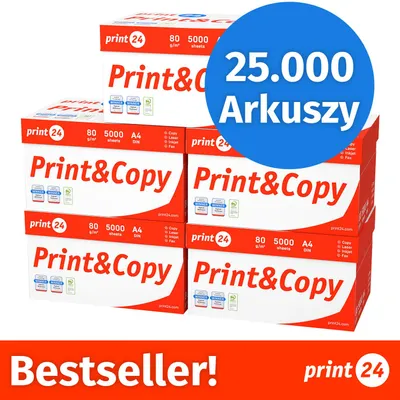Zdjęcie produktu dla NOWOŚĆ: print24 Papier do drukarek i kopiarek, 25000 arkuszy, 50 x 500, A4, Premium, ekstra biały, CIE 160, Zwycięzca testów, Certyfikat PEFC