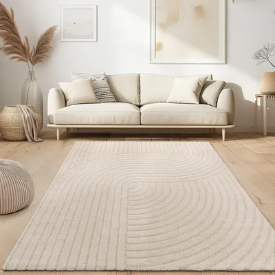 Produktbild von Teppich Kurzflor Unifarben Wohnzimmer schmutzabweisend Creme Rechteckig 120x160 | 65% Polypropylen, 35% Polyester | Florhöhe: 14 mm | pflegeleicht
