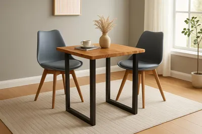 Produktbild von Essgruppe 3tlg. 90 x 90 cm Baumkante Akazie natur massiv 2x Schalenstühle Grau U-Gestell Schwarz QUINN