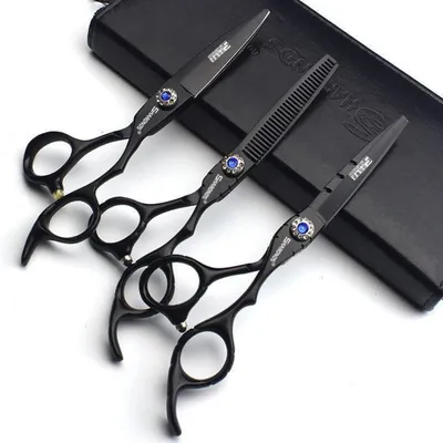 Produktbild von Haarschneideschere Set 6 Zoll 440C Edelstahl Schwarz 3-teilig