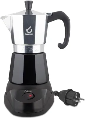 A black and silver electric moka pot coffee maker with its power cord and plug is shown against a white background.