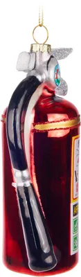 A close-up side view of a glass ornament shaped like a fire extinguisher.